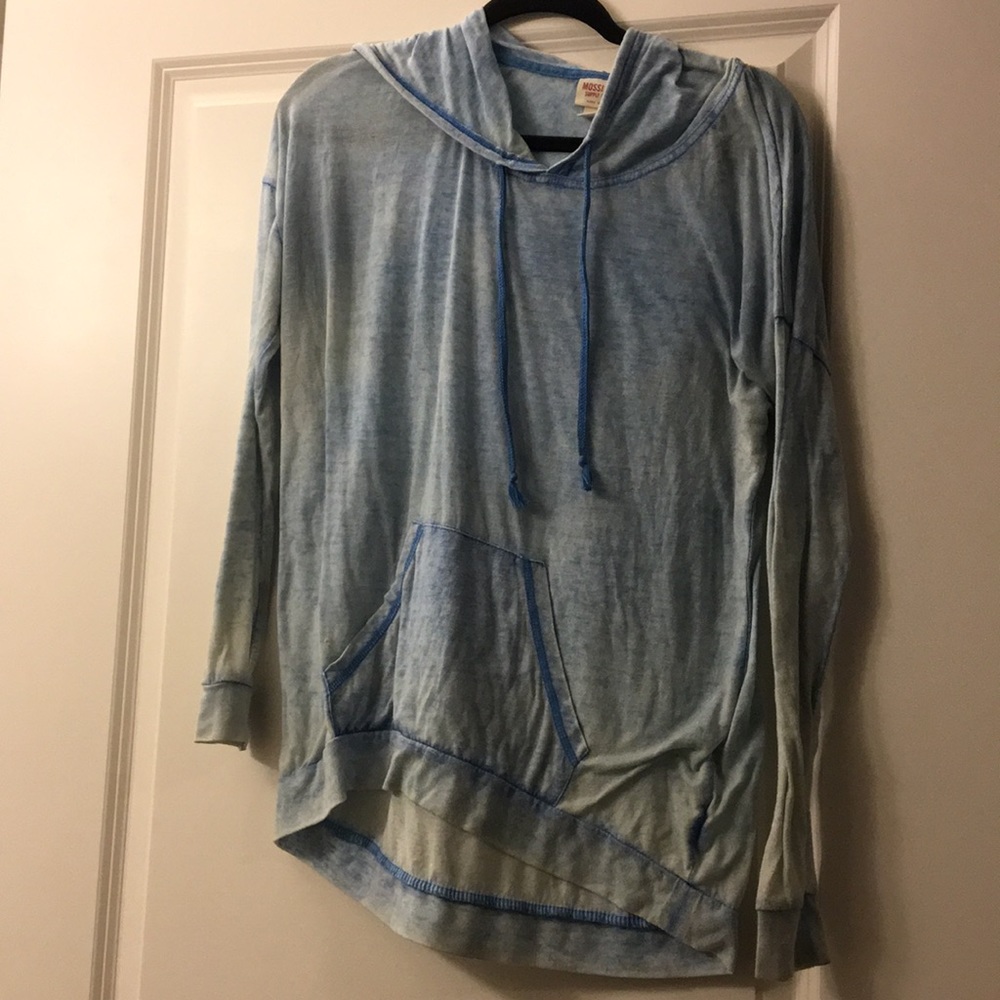 blue hooded long sleeve shirt